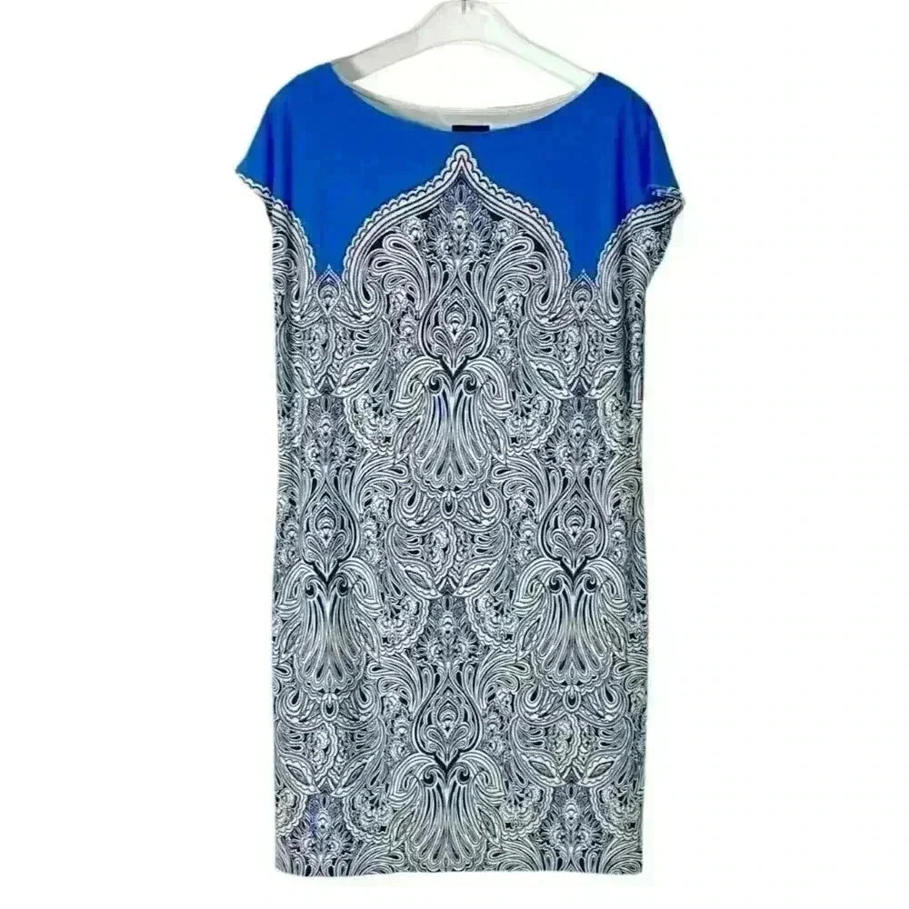 Adrianna Papell Print Jersey Shift Dress Blue Baroque Pattern Size 6